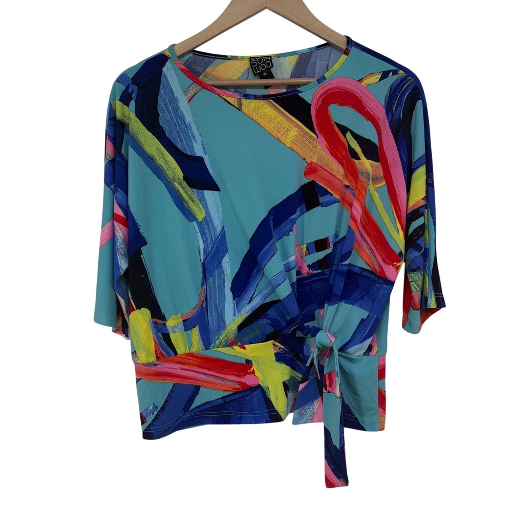 Clara‎ Sunwoo Womens PS Abstract Side Tie Knot Blouse 3/4 Sleeve Turquoise Multi